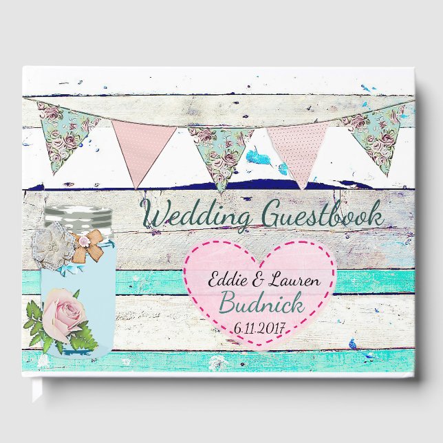 Wedding Guestbook Teal Rustic Wood Shabby Chic (Front)