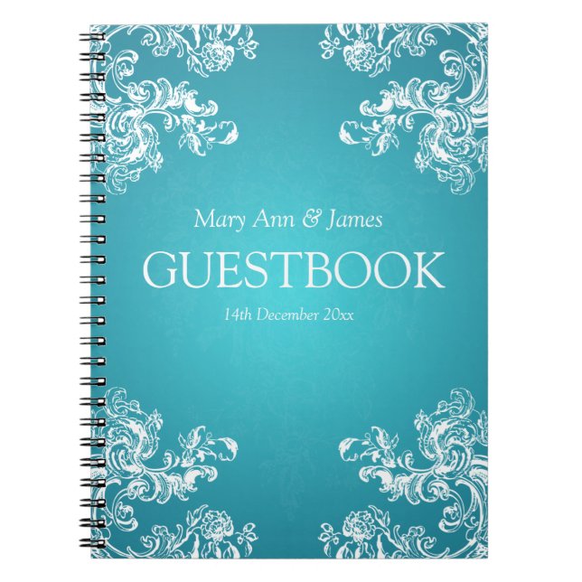 Wedding Guestbook Vintage Swirls 2 Turquoise Notebook (Front)