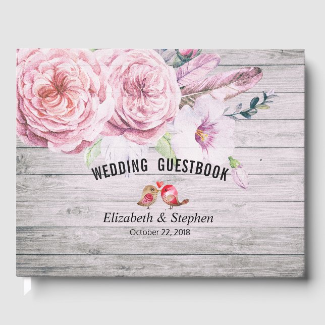 Wedding Guestbook Watercolor Floral Rustic Wood (Front)