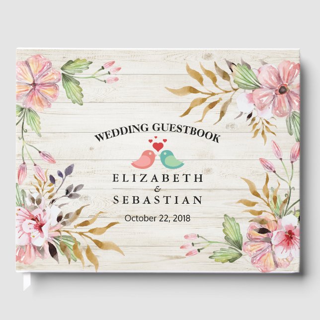 Wedding Guestbook Watercolor Flowers Rustic Wood (Front)