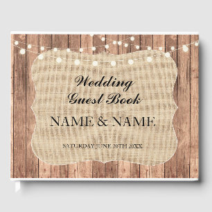 Wedding GuestBook Wood Burlap Rustic Lights Rustic