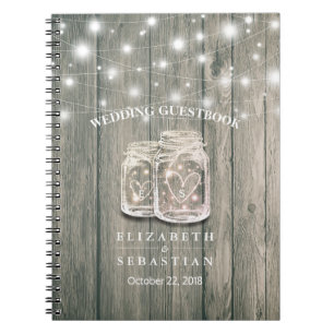 Wedding Guestbook Wood Chic Mason Jar String Light Notebook