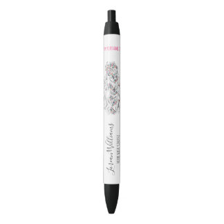 Wedding Hair Stylist Black White Wavy Hair Floral Ink Pen