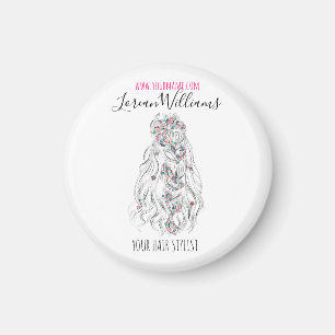 Wedding Hair Stylist Black White Wavy Hair Floral Magnet