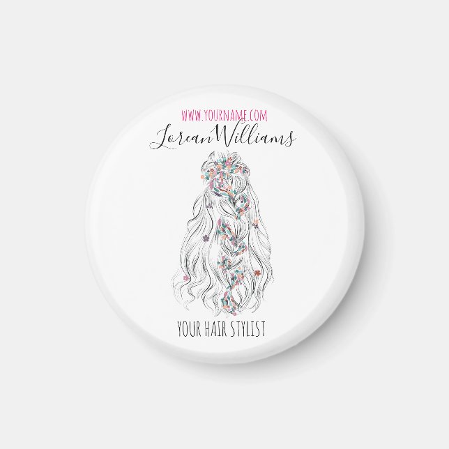 Wedding Hair Stylist Black White Wavy Hair Floral Magnet (Front)
