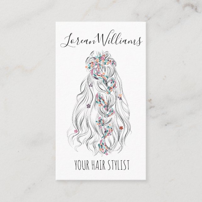 Wedding Hair Stylist Black White Wavy Hair QR Business Card (Front)