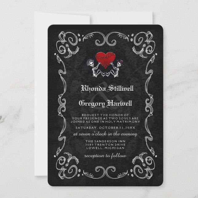 Wedding Halloween Skeletons & Heart Invitation (Front)