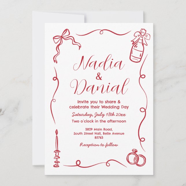 Wedding Hand Drawn Whimsical Red  Invitation (Front)