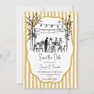 Wedding hand sketched mustard striped invitation