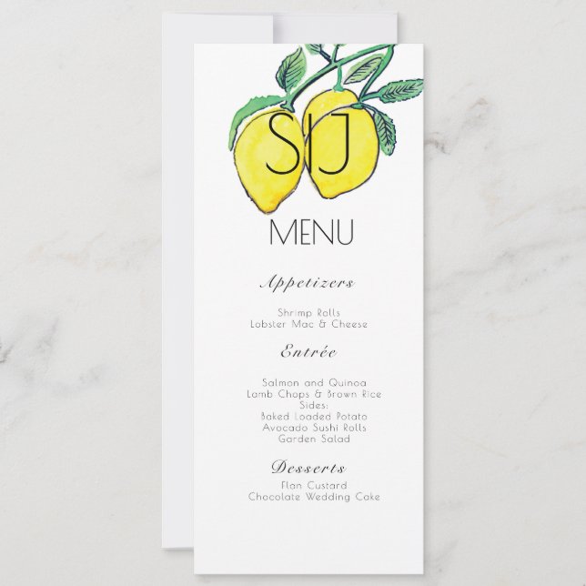 Wedding Hand Watercolor Lemon Bunch Dinner Menu (Front)