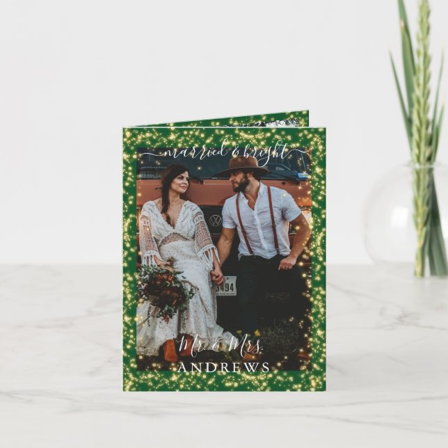 Wedding Handwritten Married & Bright 3 Photos Than Thank You Card (Front)