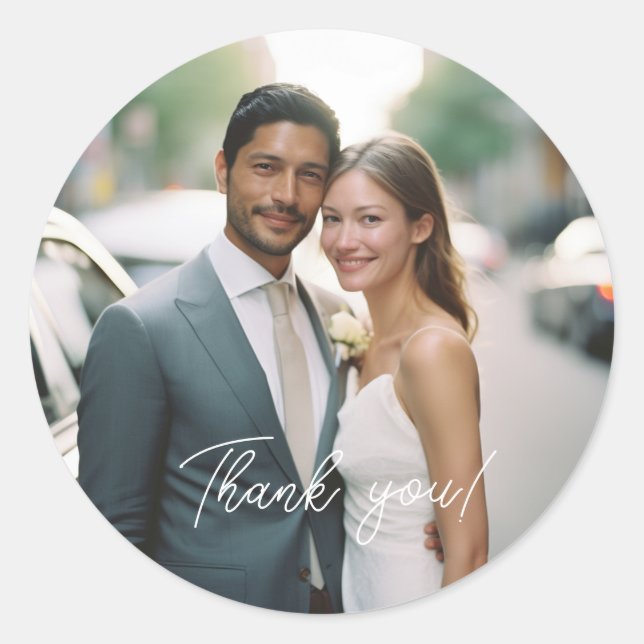 Wedding Handwritten Thank you 1 Photo Classic Round Sticker (Front)