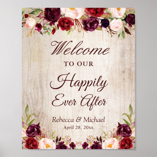 Wedding Happily Ever After Rustic Burgundy Floral Poster (Front)