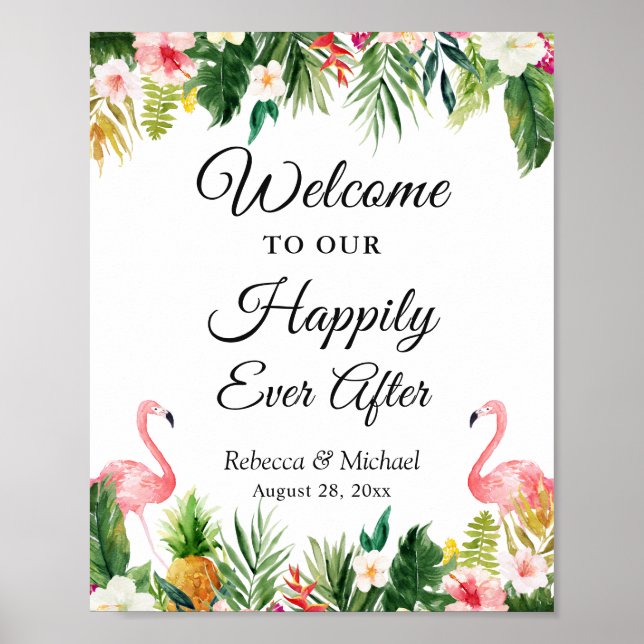 Wedding Happily Ever After Tropical Floral Leaves Poster (Front)