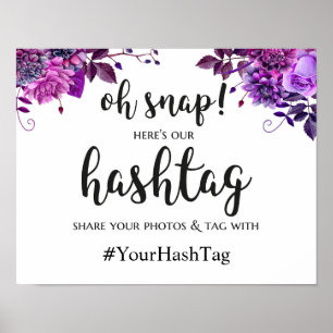 Wedding hashtag sign. Purple instagram poster