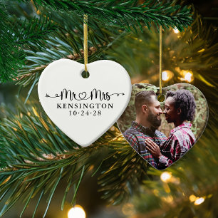 Wedding Heart Arrows Mr Mrs Newlywed Photo Ceramic Tree Decoration