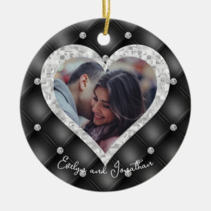 Wedding Heart Custom Photo Black & Silver Diamonds Ceramic Tree Decoration