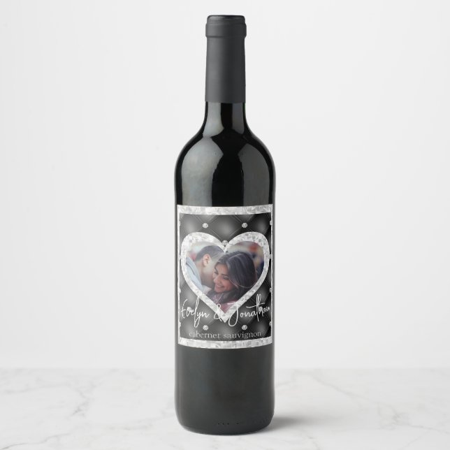 Wedding Heart Custom Photo Black & Silver Diamonds Wine Label (Front)