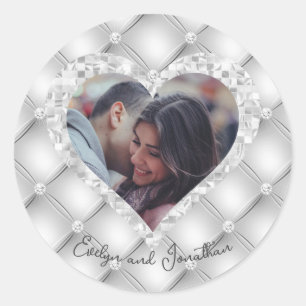 Wedding Heart Custom Photo White & Silver Diamonds Classic Round Sticker
