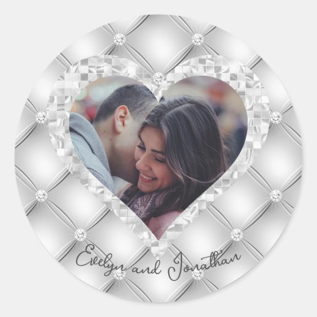 Wedding Heart Custom Photo White & Silver Diamonds Classic Round Sticker (Front)