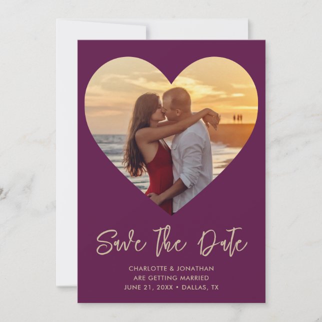 Wedding Heart Cutout Plum & Gold Photo  Save The Date (Front)