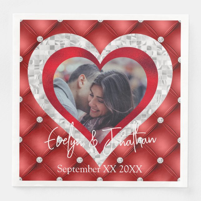 Wedding Heart Frame Custom Photo Red Diamonds Napkin (Front)