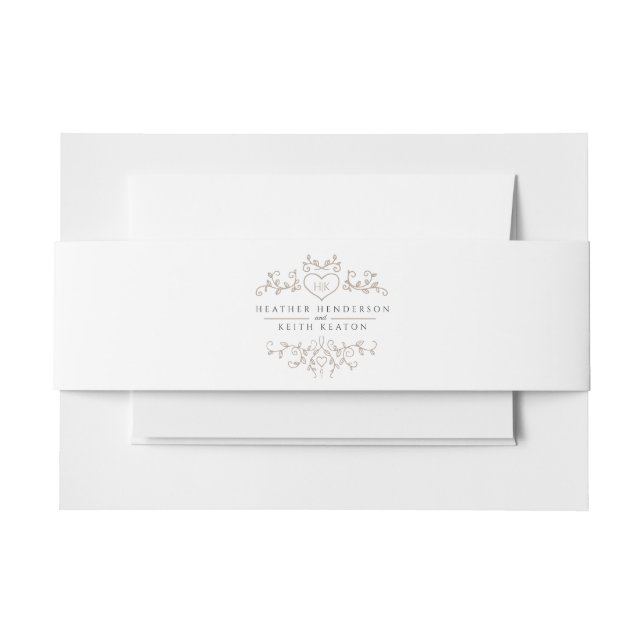 Wedding heart leaf monogram beige white invitation belly band (Front Example)