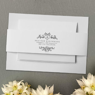Wedding heart leaf monogram black white invitation belly band