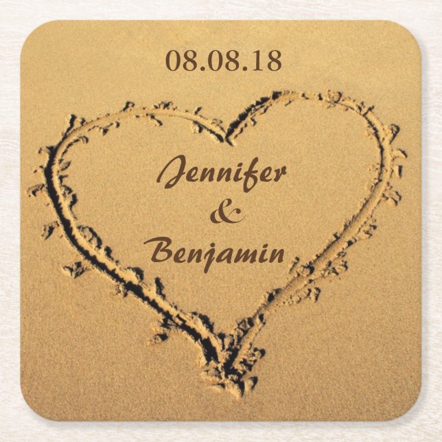 Wedding Heart on the Beach Name and Date Square Paper Coaster (Front)