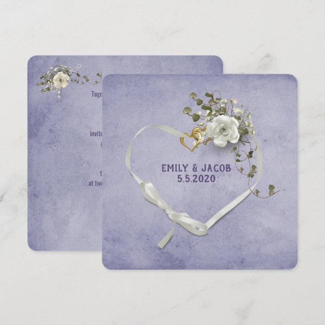 Wedding heart ribbon and rings with rose bouquet invitation (Front/Back)