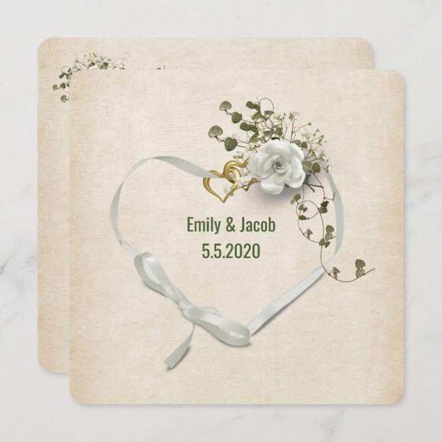 Wedding heart ribbon and rings with rose bouquet invitation (Front/Back)