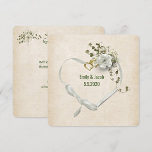 Wedding heart ribbon and rings with rose bouquet invitation