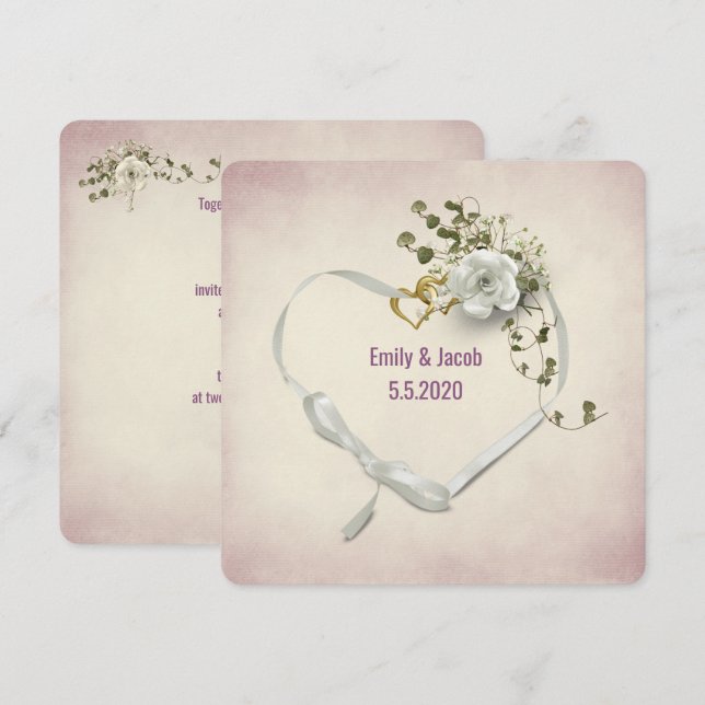 Wedding heart ribbon and rings with rose bouquet invitation (Front/Back)