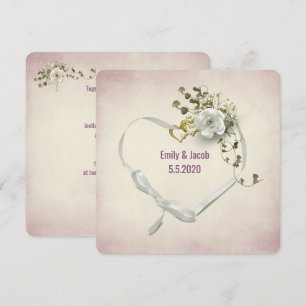 Wedding heart ribbon and rings with rose bouquet invitation
