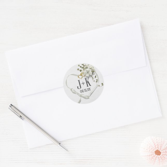 Wedding Heart Ribbon with Monogram Classic Round Sticker (Envelope)