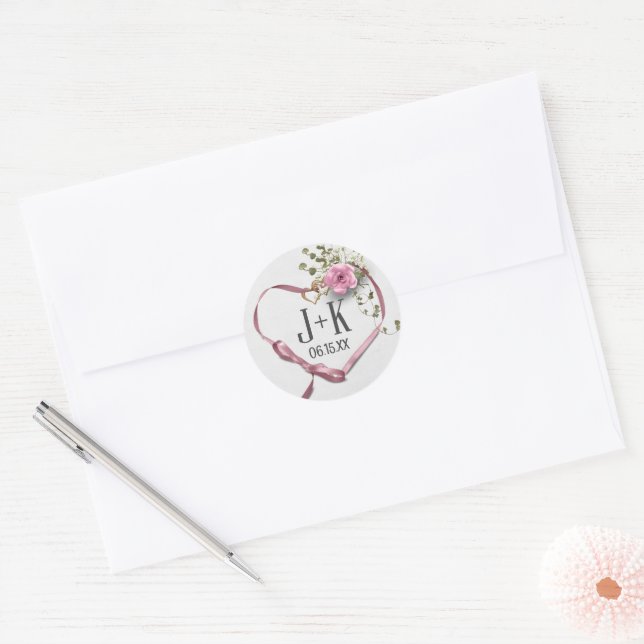 Wedding Heart Ribbon with Monogram Classic Round Sticker (Envelope)