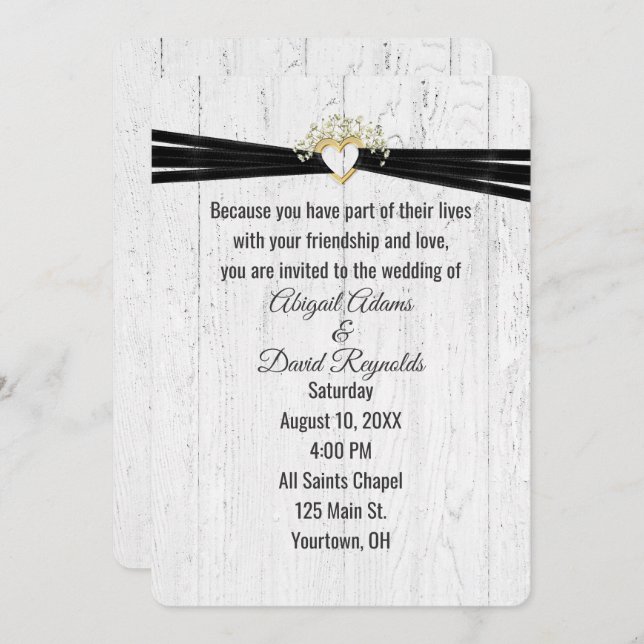 Wedding Heart with Black Ribbon On Wood  Invitation (Front/Back)