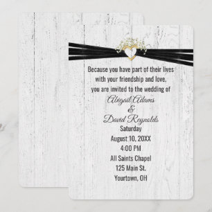 Wedding Heart with Black Ribbon On Wood Invitation