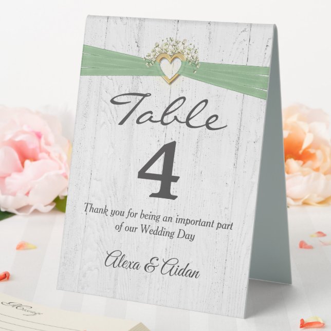 Wedding Heart With Sage Green Ribbon On Wood (In SItu (Wedding))