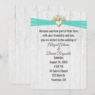 Wedding Heart with Turquoise Ribbon On Wood Invitation