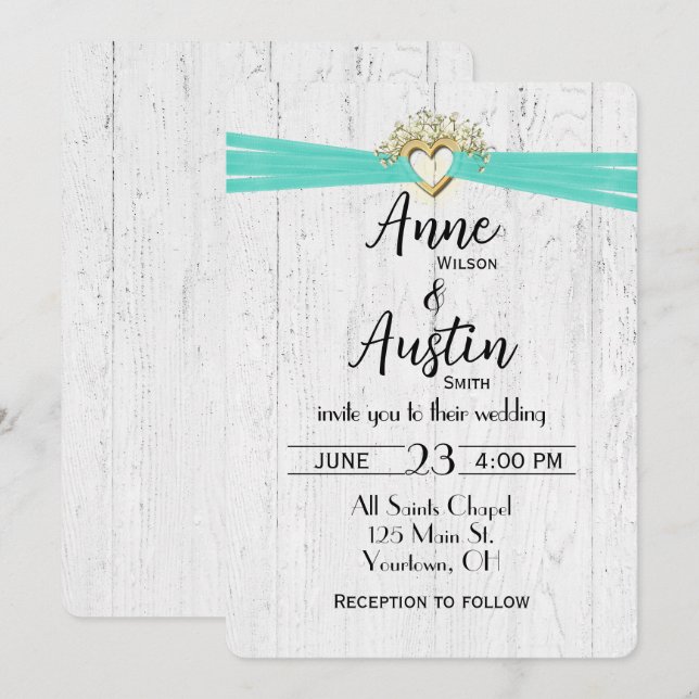 Wedding Heart with Turquoise Ribbon On Wood   Invitation (Front/Back)