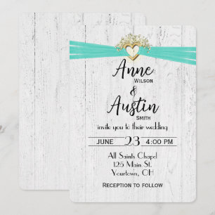 Wedding Heart with Turquoise Ribbon On Wood Invitation