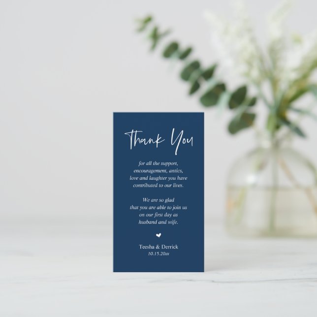 Wedding heartfelt Thank you, Classy Navy Blue Enclosure Card (Standing Front)