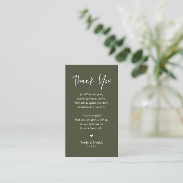 Wedding heartfelt Thank you, Olive Sage Green Enclosure Card (Standing Front)