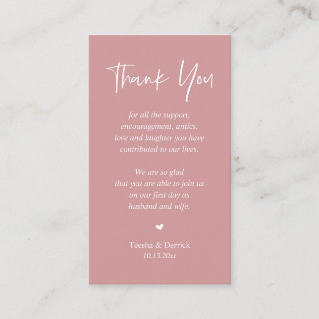 Wedding heartfelt Thank you, Pastel Dusty Rose Enclosure Card (Front)