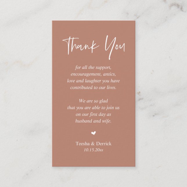 Wedding heartfelt Thank you, Terracotta Earthy Enclosure Card (Front)