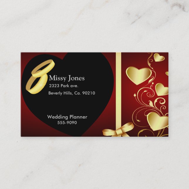 Wedding Hearts Golden Rings Set Business Card (Front)