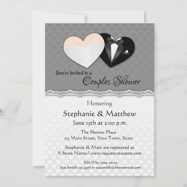 Wedding Hearts, Grey Couple Shower Invitation (Front)
