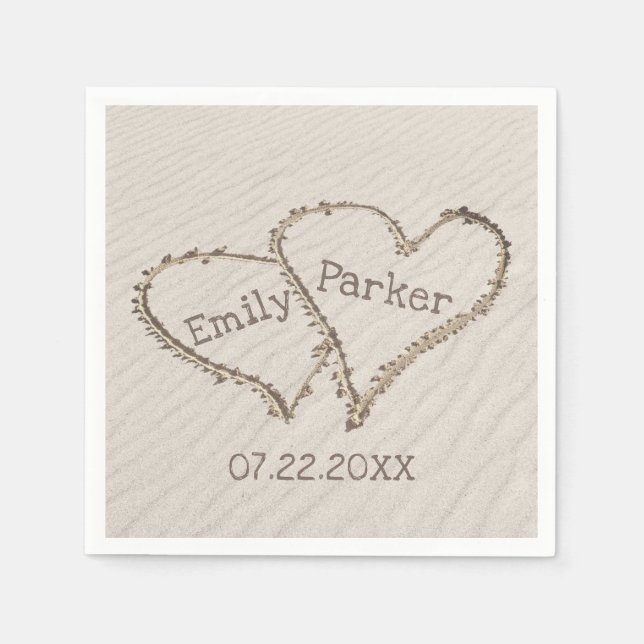 Wedding Hearts in Beach Sand  Napkin (Front)