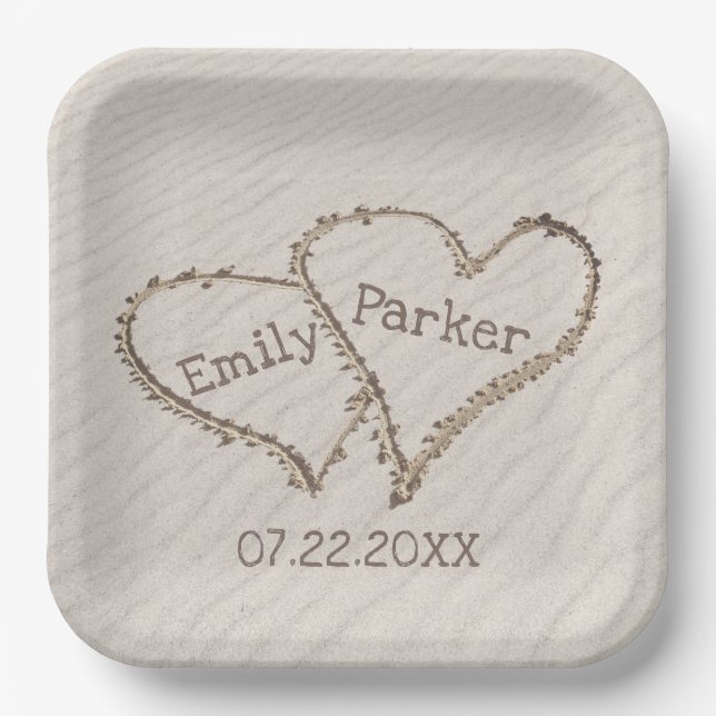 Wedding Hearts in Beach Sand   Paper Plate (Front)